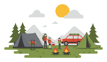 Fototapeta premium Family Camping Trip Vector Illustration
