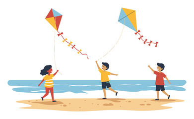 Fototapeta premium Kids Flying Kites on Beach - Flat Vector