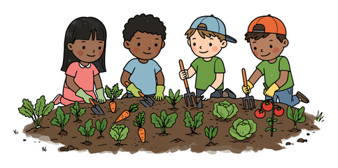 Children Planting Community Garden Vector