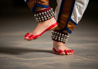 Captivating Close-up of Classical Indian Dancer's Bare Feet with Payals and Alta During Diwali Temple Performance