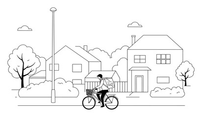 Naklejka premium Mail Delivery Cyclist Vector - Suburban Neighborhood