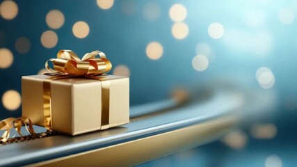 Golden gift box on shiny surface with blurred bokeh lights in background - Powered by Adobe