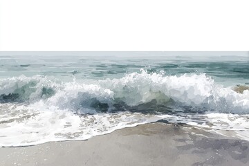 Fototapeta premium Gentle ocean waves crashing on a sandy shore. Pastel hues of teal, gray, and white. Digital painting style, soft and dreamy