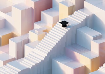Naklejka premium White steps leading upward to a graduation cap, amidst a geometric landscape of pastel-colored blocks