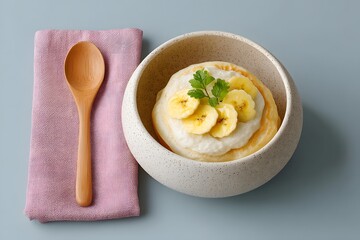 Fluffy Pancakes With Banana And Cream, Healthy Breakfast Bowl, Sweet Dessert With Fresh Fruit, Top Down View, Minimalist Food Styling, Wooden Spoon And Pink Napkin, Copy Space
