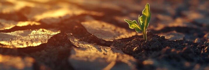 Green plant sprouting through cracked soil during sunset highlighting resilience and new beginnings in nature