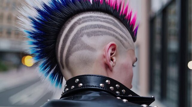 Close-up side view of a vibrant blue and black mohawk hairstyle with intricate shaved patterns, ideal for edgy fashion video content.