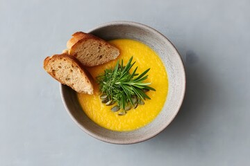 Creamy Pumpkin Soup Bowl, Healthy Autumn Meal With Bread, Vegetarian Butternut Squash Puree, Top Down View On Blue Background, Homemade Comfort Food, Rosemary And Dill Garnish