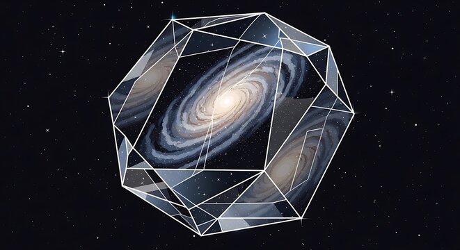 Spiral Galaxy Encased Within a Geometric Polyhedron in Deep Space.