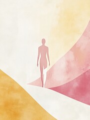 Silhouette of a figure walking along vibrant waves of soft colors in an artistic composition representing movement and grace in a serene setting