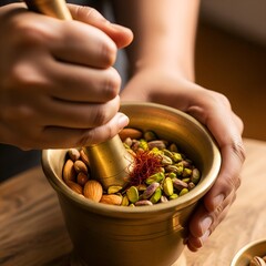 Close-up of hands meticulously grinding almonds, pistachios, and saffron in a brass mortar and pestle for traditional Thandai, an authentic Indian festive drink for Diwali celebration at home.