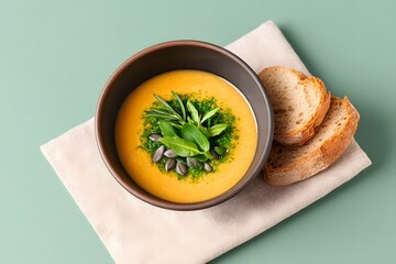 Creamy Carrot Ginger Soup, Healthy Autumn Dish With Toasted Bread, Vegan Pumpkin Puree, High Angle View On Green Background, Homemade Seasonal Meal, Fresh Herb Garnish