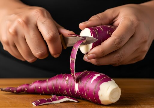 Ultra-macro close-up: Skilled hands meticulously clean and peel vibrant purple Suran for authentic regional Diwali culinary preparations, highlighting wholesome festive ingredients.