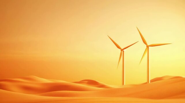 Two golden wind turbine generators stand on sand dunes, desert scenery for renewable energy sources with clean electricity production for sustainable development and environmental protection concept