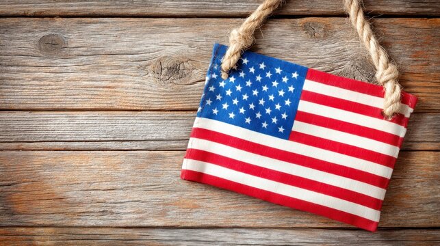 American flag waving on rustic wooden background with ample copy space for creative messaging