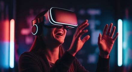 Woman enjoying virtual reality. Girl interacting with meta universe. Future innovative technology concept. Digital entertainment media.