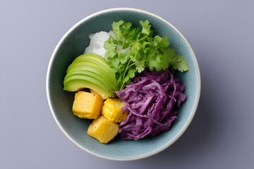 Healthy Vegan Buddha Bowl, Colorful Salad With Avocado And Red Cabbage, Plant Based Meal, Top Down View, Clean Eating Concept, Fresh Vegetable Bowl, Minimalist Food Styling