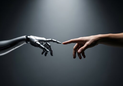 Robot hand reaching for human hand, concept of artificial intelligence interaction with mankind. Future technology and human connection. - Powered by Adobe