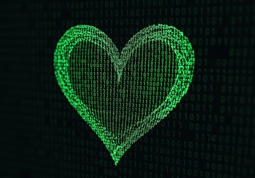 Digital heart made of binary code, representing artificial intelligence in medicine. AI medical data security and futuristic healthcare concept.