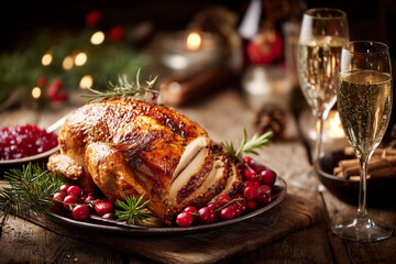 A rustic wooden table set with Christmas dinner featuring roasted turkey, cranberry sauce, and sparkling wine glasses.