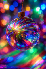 Fototapeta premium A close-up of abstract light patterns reflecting off a shiny Christmas bauble, creating a mesmerizing, colorful blur.