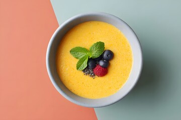 Healthy Mango Smoothie Bowl, Tropical Breakfast With Fresh Berries, Vegan Detox Food, Top Down View, Colorful Background, Healthy Eating Concept, Minimalist Food Photography, Copy Space