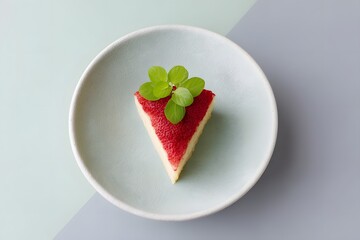 Slice Of Strawberry Cheesecake, Minimalist Dessert Photography, Elegant Sweet Treat, Red Berry Topping, Modern Food Styling, Top Down View, Pastel Background With Copy Space, Gourmet Pastry
