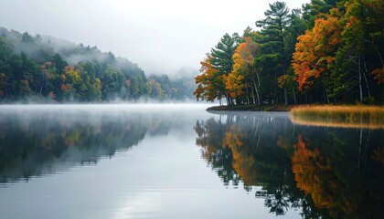 Scenic Lake with Reflective Trees and Foliage in Foggy Autumn Landscape
