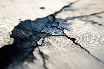 Dark, cracked material spreads organically across a textured, light canvas. An abstract close-up revealing intricate patterns and compelling contrast.