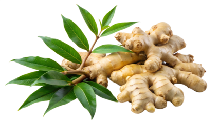 Fresh ginger root with green leaves isolated on transparent background for culinary and medicinal use