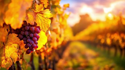 Cluster of red grapes hanging from a vine in an autumn vineyard. Harvest season begins in the wine region. - Powered by Adobe
