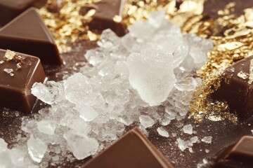 Chocolate with sea salt and edible gold flakes on a textured surface creates a stunning dessert presentation for culinary enthusiasts