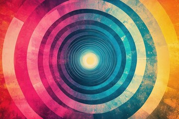 A vibrant, grunge-textured psychedelic tunnel of concentric circles, transitioning from warm reds to cool blues, culminating in a bright central light.