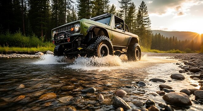 Rugged Ford Bronco Forging River in Scenic Wilderness Landscape.