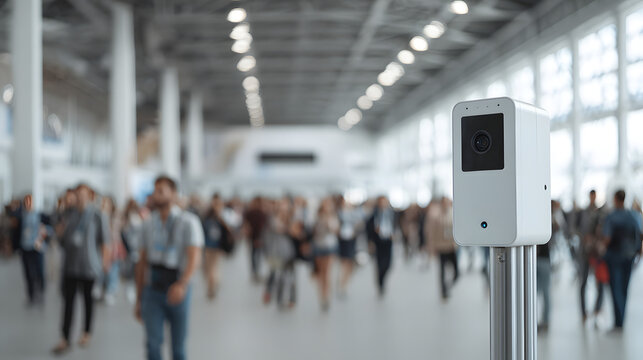 Security camera monitoring a crowd of people in a large convention center.