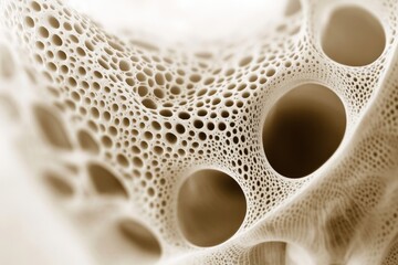 Magnified view of complex porous structure. Resembles cancellous bone or natural sponge, featuring varied hole sizes on an intricate, textured surface.