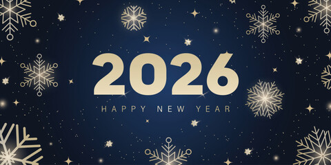 Happy New Year 2026.New Years banner,poster with snowflakes and other elements.2026 New Year greeting card isolated on blue background.Vector design
