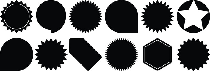 Black sale price seals, stickers and labels for callout and splash, vector star rosettes. Sunbursts, stamps and tag badges silhouette for price promotion labels or sale discount promo