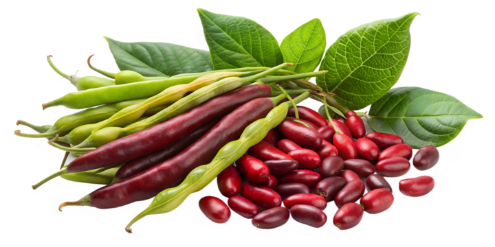 Assorted fresh kidney beans with pods and leaves isolated on transparent background