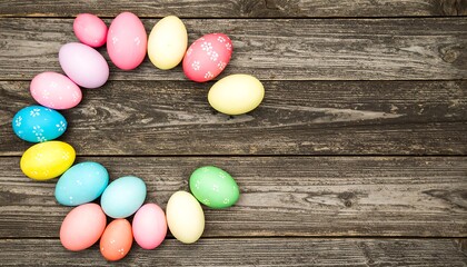 Colorful Dyed Easter Eggs Arranged in a Circle on Wood