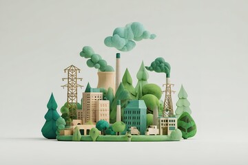 Creative representation of an industrial cityscape with trees and pollution in a colorful wooden art design
