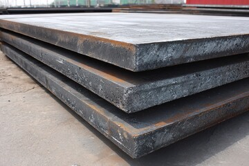 Steel plates stacked neatly on a construction site during daylight