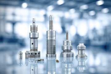 Detailed view of metallic engine components displayed in a workshop for automotive manufacturing