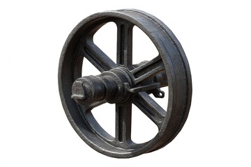 Cast iron pulley wheel resting on a flat surface, showcasing its industrial design and sturdy build at a workshop setting