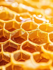 Close-up view of honeycomb cells filled with golden honey showcasing natural sweetness and bees&rsquo; hard work in a beehive