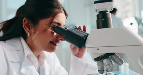 Smile, science and woman in lab, microscope and medical experiment with expert for vaccine. Person, research or scientist with breakthrough, equipment or biotech with cure or analytics for dna sample - Powered by Adobe