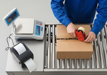Worker sealing a cardboard box on a conveyor belt