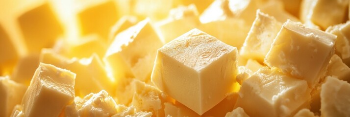 Cubes of fresh butter ready for cooking and baking displayed on a warm background creating a cozy kitchen atmosphere