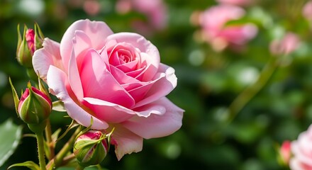 Closeup of a delicate pink rose in full bloom