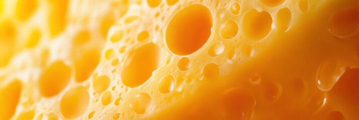 Bright yellow cheese with holes showcasing a smooth texture and vibrant color in a close-up shot taken in a well-lit setting